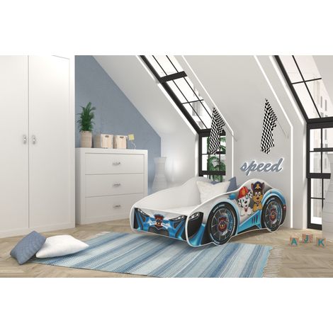 Lit enfant voiture 70 x 140 cm - Pat Patrouille - Matelas et sommier inclus Blanc (1/4)