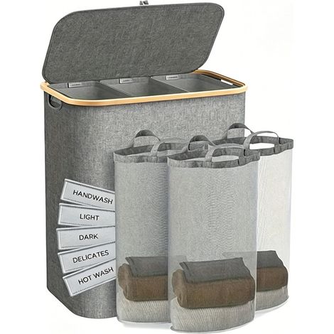 Panier à linge 160L pliable cadre en bambou sac intérieur amovible tissu imperméable respirant design moderne pour salle de bain (1/5)