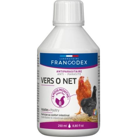 Flacon de 250 ml Vers o net pour volaille – Aide au confort intestinal – À base d'ail, thym et tanaisie – Soutien digestif – Francodex
