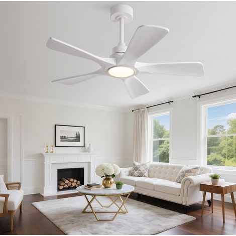 Ventilatore da soffitto 42 pollici bianco con LED, telecomando, 6 velocità, legno massello e metallo (1/5)