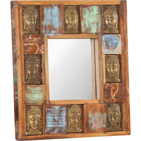 Miroir à motif d'image de Bouddha, 50 x 50 cm, fabriqué à partir de bois recyclé (1/5)