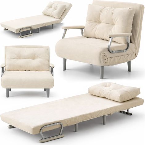 Poltrona Divano Letto Singolo Reclinabile Beige Rivestimento in Velluto a Coste (1/5)