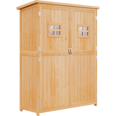 Abri de Jardin en bois Armoire de Jardin dim. 127,5L x 50l x 164H cm 2 étagères 2 Portes 2 fenêtres Toit bitumé étanche Bois Massif Sapin pré-huilé bois naturel