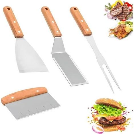 4Pcs Spatule Plancha,Ustensiles Barbecue INOX Accessoires Plancha,Spatule Coudée avec Manche en Bois Massif Spatule Pizza (1/4)