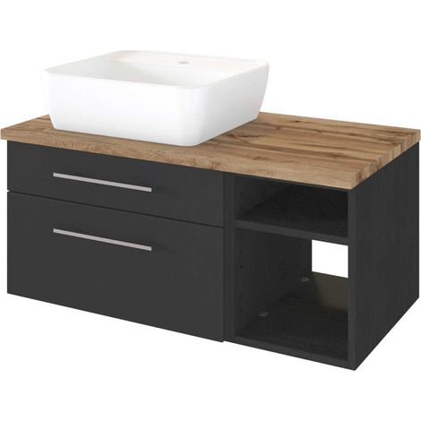 Waschtisch-Unterschrank 90 cm mit Siphonausschnitt Links inkl. Keramik Aufsatzwaschbecken & Regal TAREE-03 in matt grau (1/5)