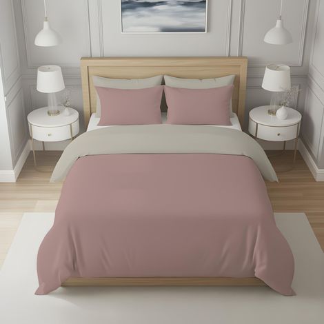 Housse de Couette Bicolore en Coton 57 Fils 240x220 cm UNI Lin et Vieux Rose (1/2)