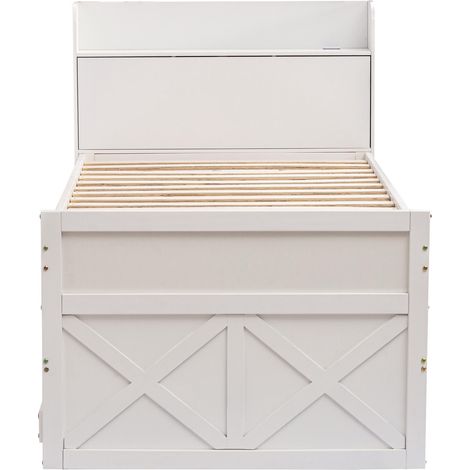 Lit simple en pin massif, 90 x 190 cm, multifonctionnel avec tiroir coulissant, sommier à lattes, table de chevet avec étagères et port USB, lit enfant, lit d'appoint, blanc