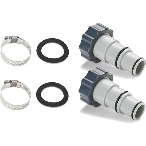 Confezione da 2 adattatori filettati a morsetto di ricambio per piscine Intex con tubi da 1,5 e 1,25 pollici. Compatibili con pompe filtro e generatori di cloro.