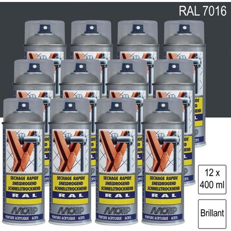 Lot de 12 Peintures aérosol RAL 7016 Gris anthracite brillant 400ml MOTIP