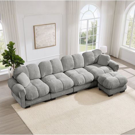 REDOM sofá modular en L (330x149x90 cm), otomana móvil, cojines acolchados, chenilla gris claro (1/5)