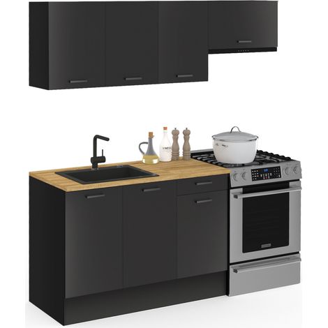 Idmarket – Cuisine complète 180 cm – 5 éléments noirs – Plan de travail 60 cm effet bois – Meuble bas 80 cm sous vasque – Hauteur 90 cm (1/5)