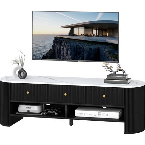 Meuble TV 140 cm, meuble télé pour téléviseur 65 pouces effet marbre avec 3 tiroirs façades à cannelures 2 étagères noir (1/5)