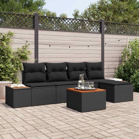 Salon de Jardin Modulable Canapé en Polyrotin et Bois d'Acacia Noir avec Coussins 6 pcs - PANGIVO (1/5)