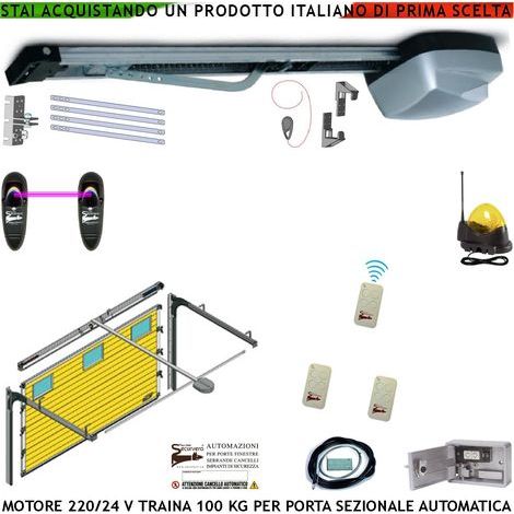 Automatismo Per Porta Sezionale Motore 220/24 V Traina 100 Kg 2 Radiocomandi Fotocellula Faro a 12 Led Blindino Cordino di Sblocco Binario 3 Metri Con Staffe Catena Tendicatena Pattino Autobloccante (1/5)