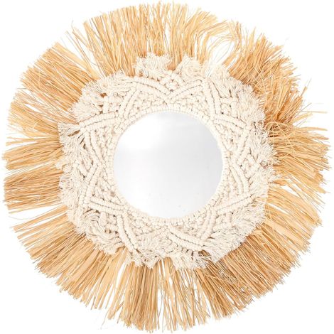 Miroir Mural Rond en Raphia Tissé Naturel, Décoration Murale Beige, Miroir Décoratif Suspendu Bohème, Adapté Chambre Fille Salon Séjour, Accessoire Mural Décoratif Original (1/5)
