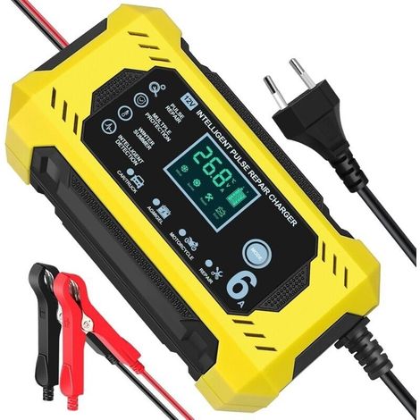 Chargeur de Batterie Intelligent 12V 6A, Chargeur Batterie Moto avec écran tactile LCD, Reconditionnement Multiple et Protection Chargeur de Batterie Portable pour Voitures, Camions et Motos (1/5)