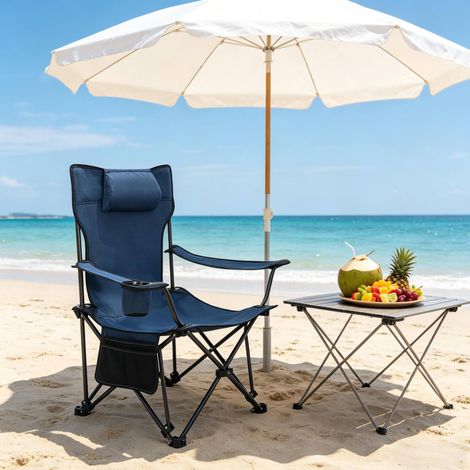 Chaise pliante camping 115x84x88,5 cm en tissu Oxford et acier bleu, avec repose-pieds – MEUBLIV (1/5)