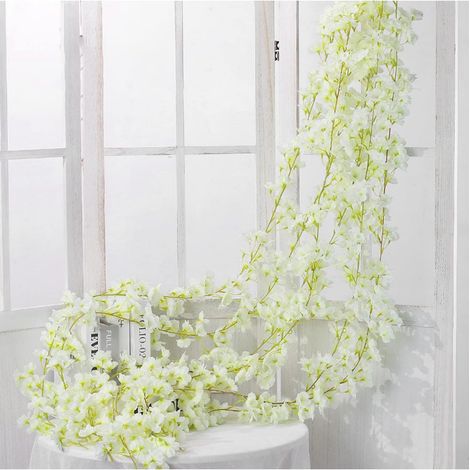 Kit de 6 Guirlandes de Fleurs Artificielles Rotin 1,8m (Blanc) - Anti-UV pour Balcon/Jardin/Mariage - Plantes Simulées en Soie Plastique (1/5)