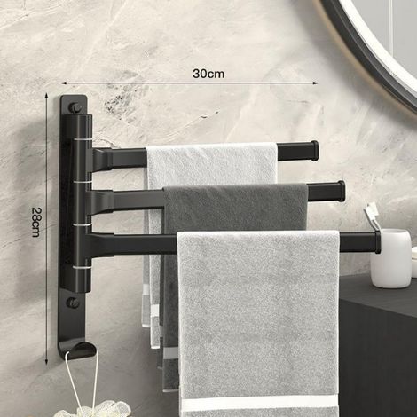 Black rotating wall-mounted aluminum towel rack with 3 bars for bathroom (1/2)