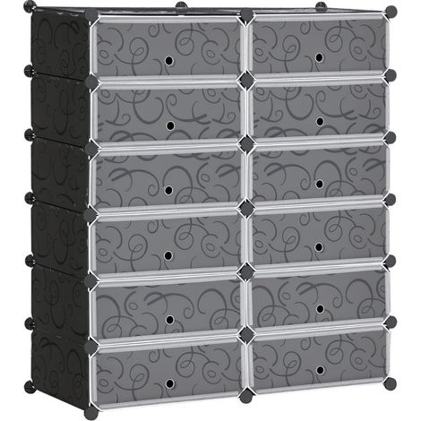 Étagère à chaussures en plastique noir et blanc avec 12 boîtes de rangement pour 24 paires, parfaite pour un intérieur ordonné (1/5)