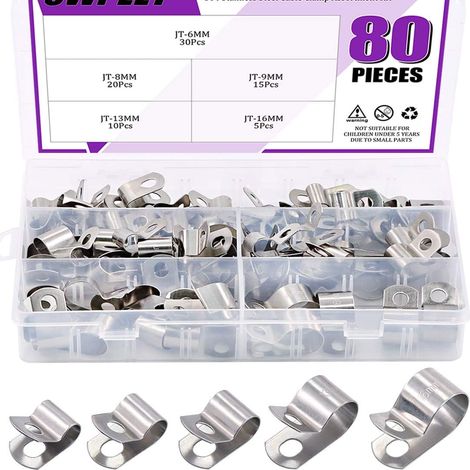 Lot de 80 colliers de serrage en acier inoxydable 304 avec revêtement en vinyle de 6 mm à 16 mm, sans pince isolée rembourrée en caoutchouc, pince en métal, support de tube pour installation (1/5)