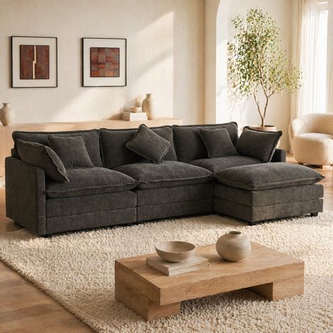 Divano angolare 3 posti in ciniglia con pouf mobile, 283 x 147 x 84 cm, grigio scuro HAVRYA (1/5)