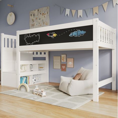 Lit mezzanine 90 x 200 cm enfant en bois blanc avec escalier et tableau, rangement intégré (1/5)
