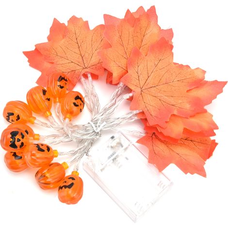 Halloween-LED-Lichterkette mit 20 LEDs, 10 Ahornblättern im Sonnenuntergangs-Look und 10 Kürbissen, batteriebetrieben, für gruselige Partys im Innen- und Außenbereich, herbstliche Gartendekoration, fe (1/5)