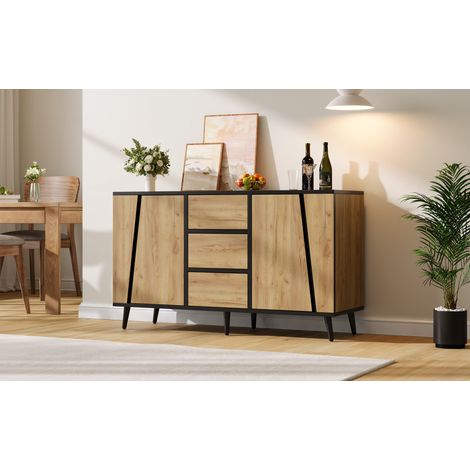 Sideboard (120x40x70 cm), 2 Türen, 3 Schubladen, verstellbare Einlegeböden, MDF und Spanplatte, Naturholzfarbe und Schwarz (1/5)
