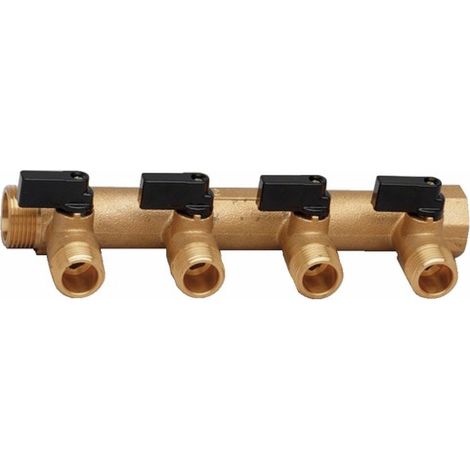 Collecteur pour plancher chauffant 4 sorties 15-21 – Entraxe 50mm Mâle Femelle 3/4 – Laiton CW617-N – Grenaillé