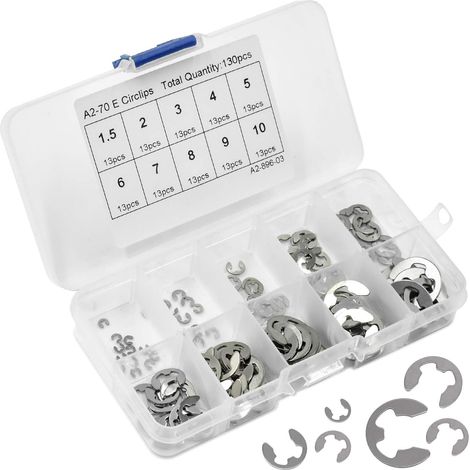 130-teiliges E-Kreisring-Set, 1,5 mm–10 mm Typ E Edelstahl-Sicherungsringe, Sortiment mit Aufbewahrungsbox für Werkstatt und Heimwerker