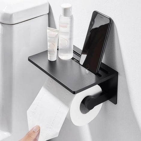 Wandmontierter Toilettenpapierspender ohne Bohren aus rostfreier Aluminiumlegierung mit Telefonhalter und großer Ablage in Schwarz