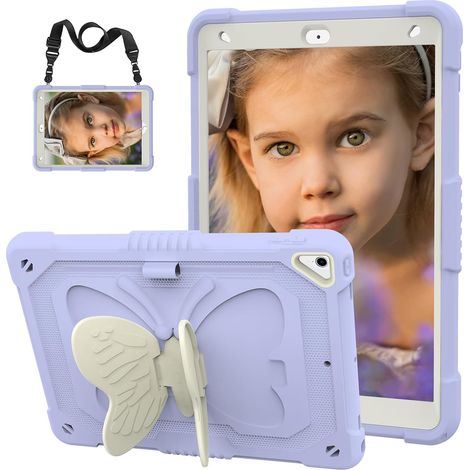 Étui iPad 9e 8e 7e Génération Enfant Fille avec Support Crayon, Coque iPad 10.2 Papillon Poignée Sangle Épaule Antichoc Protection Intégrale Rigide Purple (1/5)
