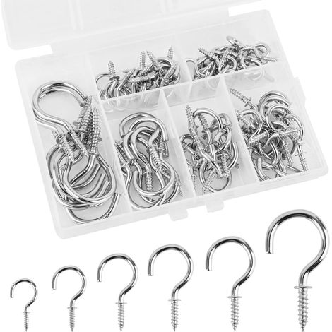 6 Sizes Silver 75 Pieces Screw in Hooks, Screw in Hooks, Ceiling Hooks, Cup Hooks, Screw in Hooks for Christmas Decoration, Garden, with a Storage Box (1/5)