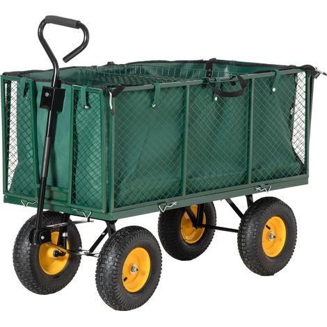 Outsunny Large 4 Wheel Heavy Duty Garden Cart Truck Trolley Wheelbarrow with Handle and Metal Frame - Green