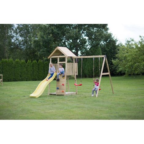 Wendi Toys Tour de jeux en bois Pingouin incl. toboggan, mur d'escalade, 2 balançoires & bac à sable Nature 280x340x270 cm (1/5)
