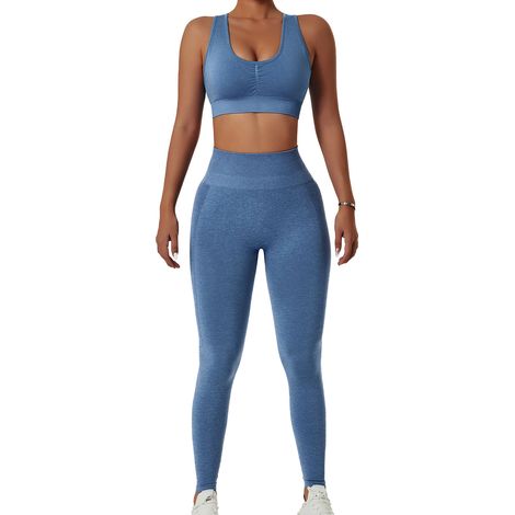 Ensemble Sport Femme - Haut Soutien-Gorge Plein + Legging Taille Haute Sans Couture - Pour Course et Entraînement - Bleu - 1 Pièce (1/5)
