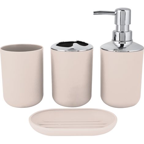 Set Accessoires Salle De Bain - Distributeur Savon - Porte-Brosse À Dents - Gobelet - Plat À Savon - En PP - Couleur Kaki - Lot De 4 Pièces (1/5)