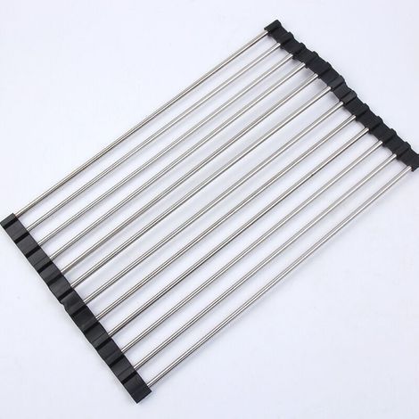 Égouttoir noir 12 tubes 43X23cm 1 tapis d'évier de cuisine égouttoir à vaisselle pliable égouttoir en acier inoxydable (1/5)