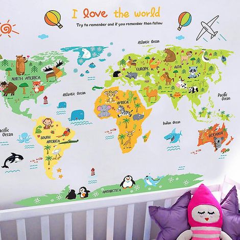 sticker Mural Pour Enfants Carte Du Monde Des Animaux (60 90 Cm), Zoo De La Faune De La Jungle, Sticker Mural Naturel De Gologie De L'ducation D (1/5)