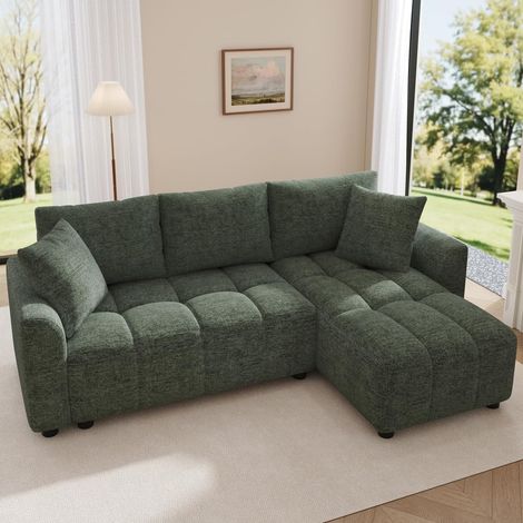 Canapé d'angle,Canapé 3 Places,anapé d'angle Convertible en L, Tissu Chenille,avec 2 Coussins décoratifs,adapté au Salon et à l'appartement (Vert)