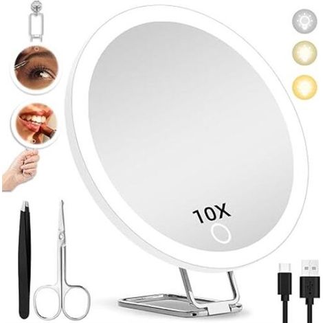 Miroir grossissant à ventouse - Miroir de maquillage à ventouse - Miroir grossissant avec ventouse et lumière - Grossissement x10 - Diamètre 15 cm (1/5)