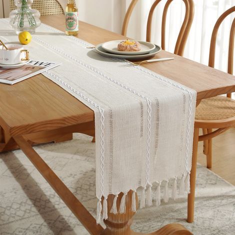 Chemin de table bohème avec pompons - Style rustique - Décoration de table de cuisine - Vacances - Mariage - Décoration de salle à manger ou d'anniversaire - 33 x 143 cm - Crème (1/5)