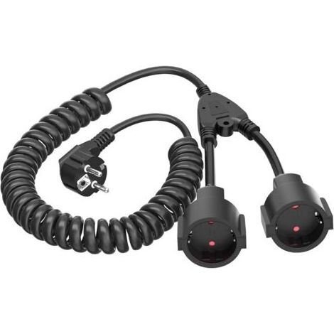 Rallonge spiralée, 1 à 2 prises de terre, cable spiralé extensible de 0,9 m, longueur maximale de 3 m, indice de protection IP20, double prise Schuko 3 x 1,0 mm2 (230 V/16 A), noire (1/5)