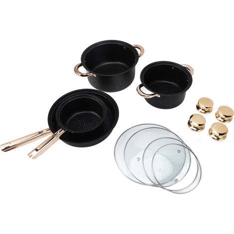 Batterie de cuisine antiadhésive, bonne conductivité thermique, en acier inoxydable, revêtement en pierre Maifan, poêle à frire, marmites à soupe au lait avec couvercles en verre pour la cuisine. (1/5)