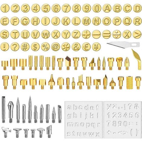 Ensemble de 105 pièces de pointes pour pyrogravure, comprenant des lettres, des chiffres, des symboles et des gabarits pour pyrogravure et gaufrage à faire soi-même. (1/5)