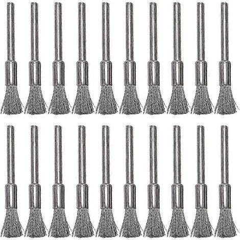 Lot de 20 brosses métalliques en acier inoxydable de 6 mm (1/4 pouce) avec tige de 3 mm (1/8 pouce) pour stylos et compatibles