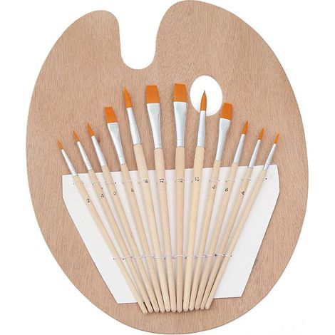 Ensemble de pinceaux avec palette en bois (12 pinceaux) et palette ovale portative – pour peintures acryliques, à l'huile et aquarelles – idéal pour peindre sur toile, céramique, argile, bois et maque (1/5)