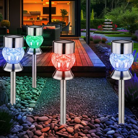 Außenlampe Solarleuchte Gartendeko RGB Farbwechsel Glaskristalle Steckleuchte, Edelstahl Kunststoff schwarz, LED 5000K kaltweiß, H 35 cm,4er Set