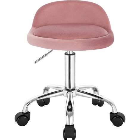 Tabouret velours rose pivotant – Roulettes – Réglage hauteur – Dossier bas – Bascule – Pour bureau ou ordinateur (1/5)